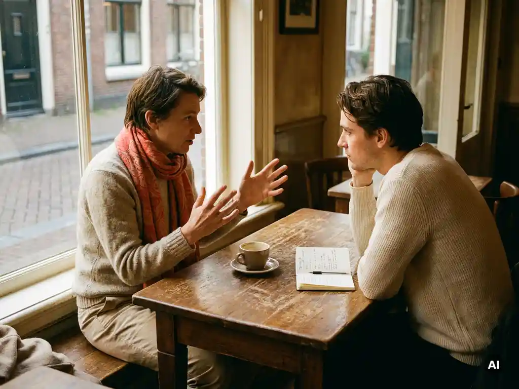 Twee mensen in gesprek aan een versleten houten cafétafel in Amsterdam, met een keramische koffiekop en notitieboekje erbij.