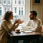Twee mensen in gesprek aan een houten cafétafel in Amsterdam, met koffie en notitieboek in warm natuurlijk licht.