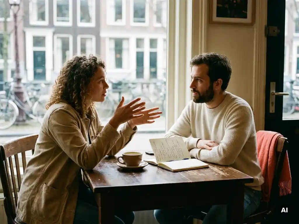 Twee mensen in gesprek aan een houten cafétafel in Amsterdam, met koffie en notitieboek in warm natuurlijk licht.