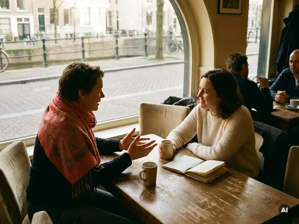 Twee mensen in gesprek aan een houten cafétafel in Amsterdam, met een koffiekopje en notitieboekje, in warm natuurlijk daglicht.