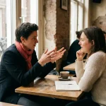 Twee mensen in gesprek aan een houten cafétafel in Amsterdam, met een koffiekopje en notitieboek, warm natuurlijk daglicht.