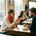 Twee mensen in gesprek aan een verweerde houten cafétafel in Amsterdam, met een notitieboekje en koffiekopje op tafel.