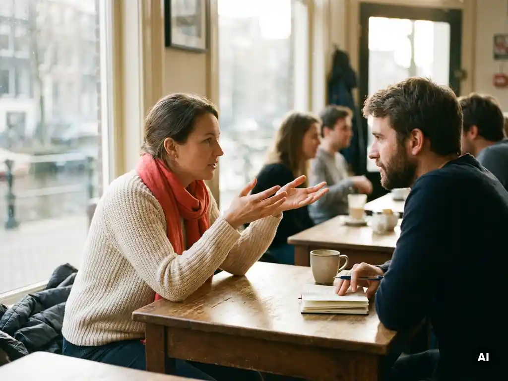 Twee mensen in gesprek aan een verweerde houten cafétafel in Amsterdam, met een notitieboekje en koffiekopje op tafel.