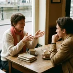 Twee mensen in gesprek aan een versleten houten cafétafel in Amsterdam, met notitieboekjes en koffiekopjes tussen hen in.