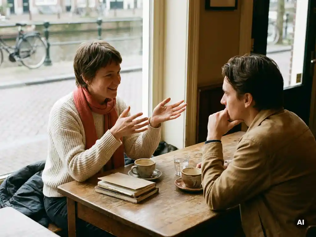 Twee mensen in gesprek aan een versleten houten cafétafel in Amsterdam, met notitieboekjes en koffiekopjes tussen hen in.