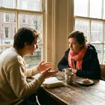 Twee mensen in gesprek aan een houten cafétafel in Amsterdam, met koffiekopjes en een notitieboekje, in warm natuurlijk daglicht.