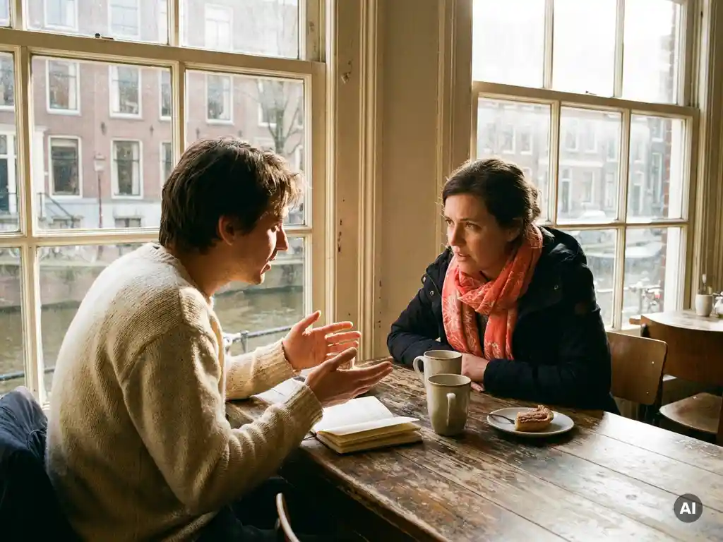 Twee mensen in gesprek aan een houten cafétafel in Amsterdam, met koffiekopjes en een notitieboekje, in warm natuurlijk daglicht.
