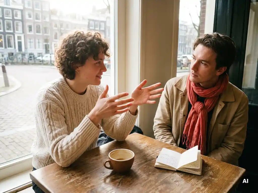 Twee mensen in gesprek aan een versleten houten cafétafel in Amsterdam, met een keramische koffiekop en notitieboekje erbij.