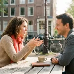 Twee mensen in gesprek op een zonnig Amsterdams caféterras, met koffie en notitieboekje op een houten tafel langs de gracht.