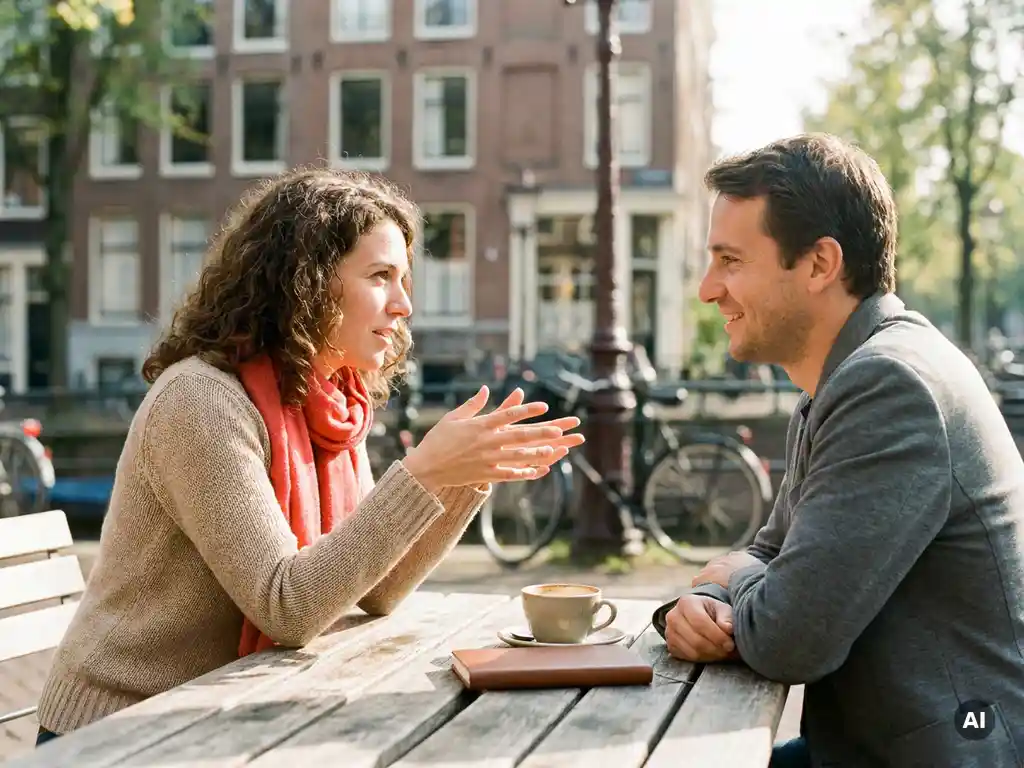 Twee mensen in gesprek op een zonnig Amsterdams caféterras, met koffie en notitieboekje op een houten tafel langs de gracht.