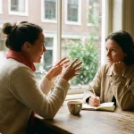 Twee mensen in gesprek aan een versleten houten cafétafel in Amsterdam, met een keramische koffiekop en open notitieboekje tussen hen in.