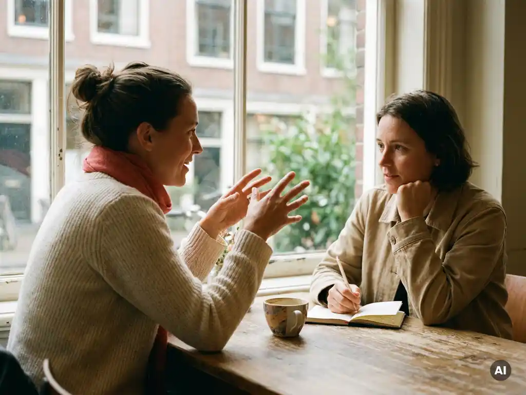 Twee mensen in gesprek aan een versleten houten cafétafel in Amsterdam, met een keramische koffiekop en open notitieboekje tussen hen in.