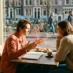 Twee mensen in gesprek aan een houten cafétafel in Amsterdam, met koffiekopjes en een open notitieboek in warm middaglicht.