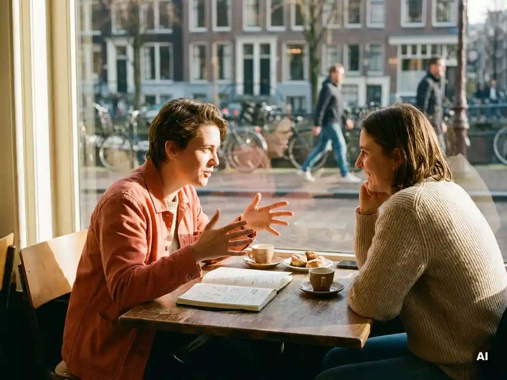 Twee mensen in gesprek aan een houten cafétafel in Amsterdam, met koffiekopjes en een open notitieboek in warm middaglicht.
