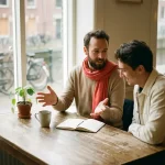 Twee mensen in gesprek aan een versleten houten cafétafel in Amsterdam, met een koffiekopje en notitieboek erbij.