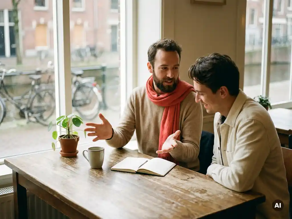 Twee mensen in gesprek aan een versleten houten cafétafel in Amsterdam, met een koffiekopje en notitieboek erbij.
