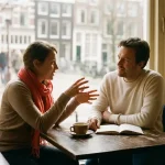 Twee mensen in gesprek aan een versleten houten cafétafel in Amsterdam, met een koffiekopje en notitieboek, in warm natuurlijk daglicht.
