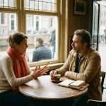 Twee mensen in gesprek aan een versleten houten cafétafel in Amsterdam, met een koffiekopje en notitieboek erbij.