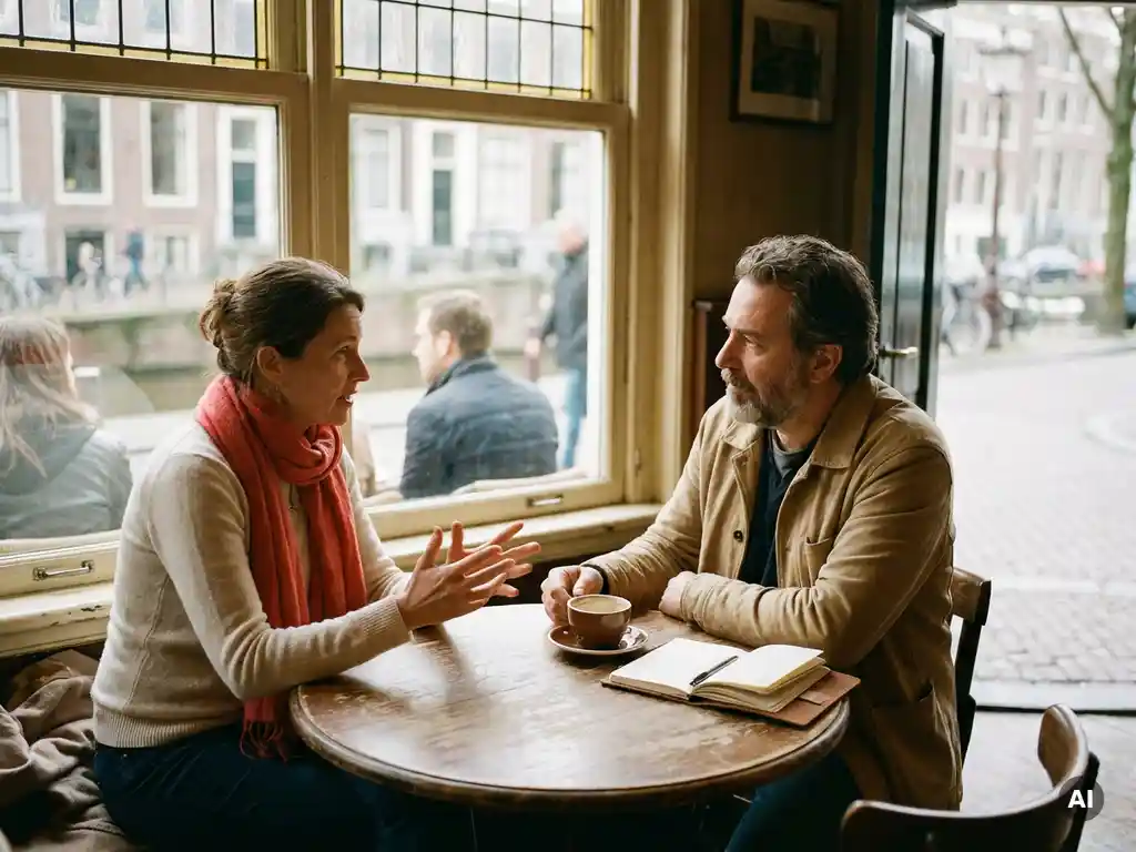 Twee mensen in gesprek aan een versleten houten cafétafel in Amsterdam, met een koffiekopje en notitieboek erbij.