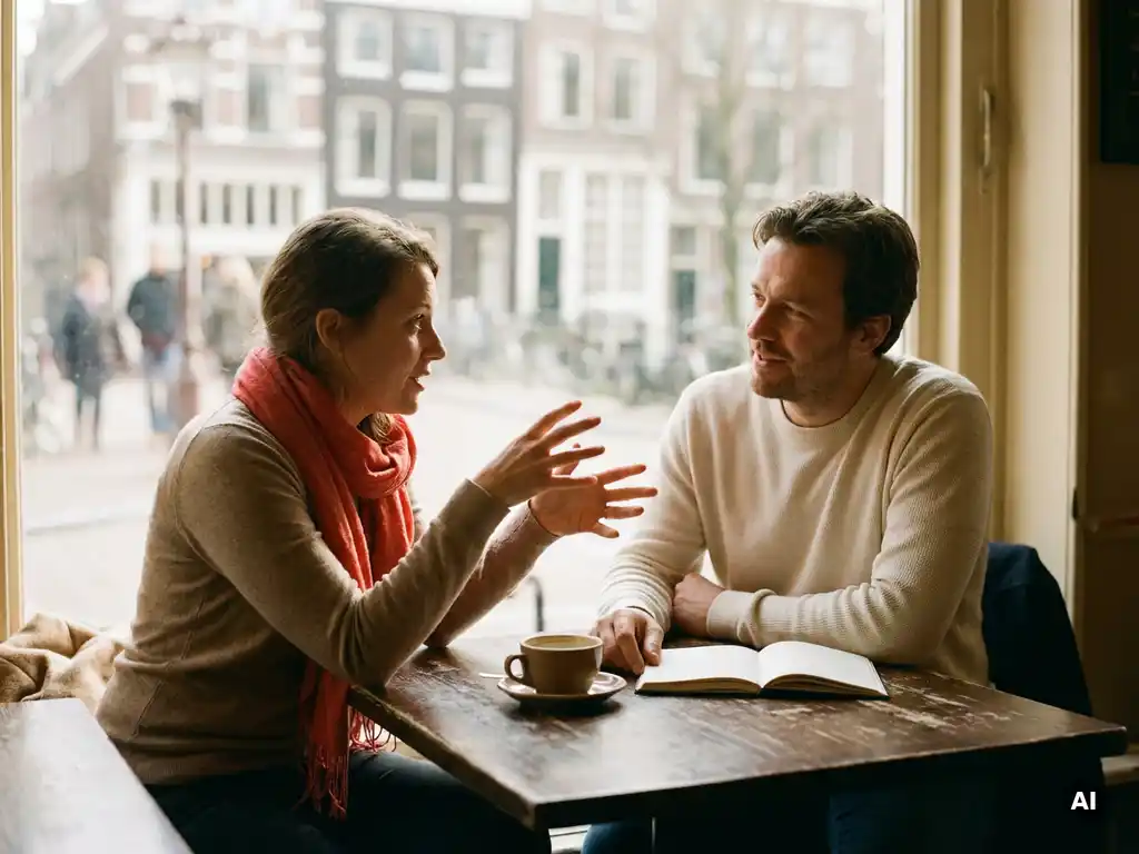 Twee mensen in gesprek aan een versleten houten cafétafel in Amsterdam, met een koffiekopje en notitieboek, in warm natuurlijk daglicht.