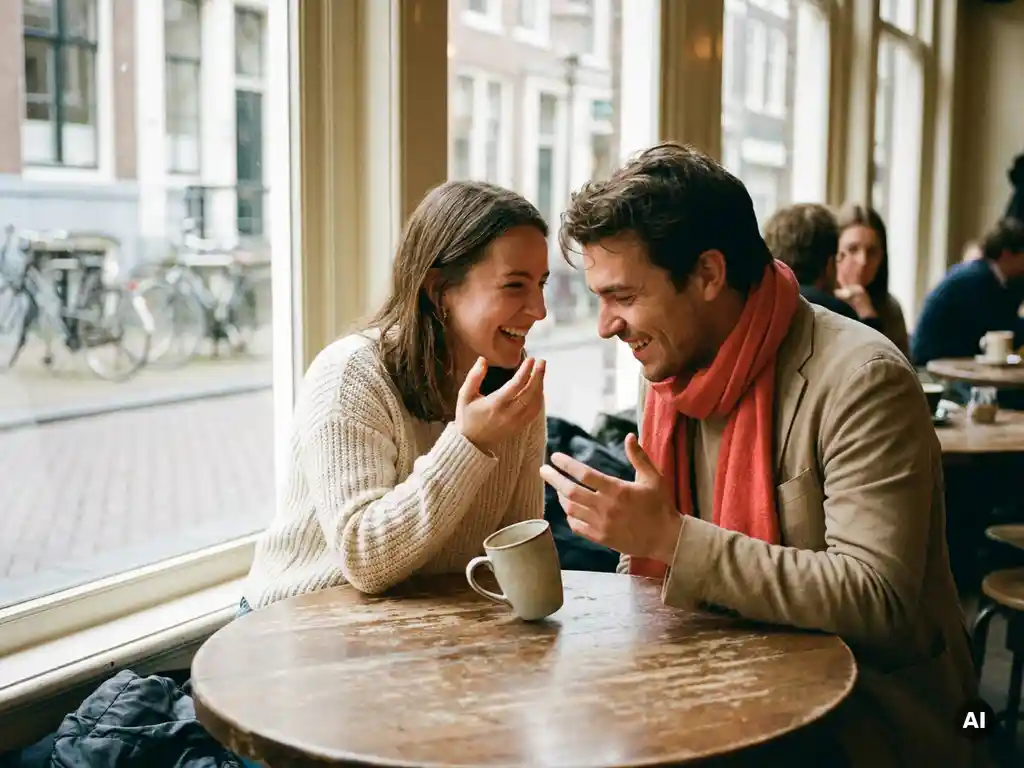 Twee mensen in levendig gesprek aan een houten cafétafel in Amsterdam, leunend naar elkaar met expressieve handgebaren en zachte daglichtsfeer.