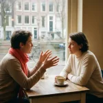 Twee mensen in gesprek aan een houten cafétafel in Amsterdam, met een kanaalgezicht op de achtergrond en zacht natuurlijk daglicht.