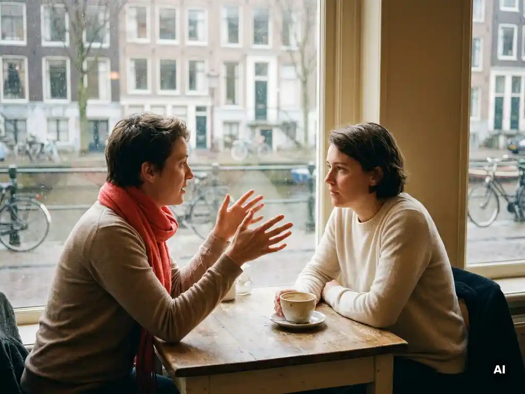 Twee mensen in gesprek aan een houten cafétafel in Amsterdam, met een kanaalgezicht op de achtergrond en zacht natuurlijk daglicht.