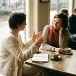 Twee mensen in gesprek aan een houten cafétafel in Amsterdam, met koffie en een open notitieboek.