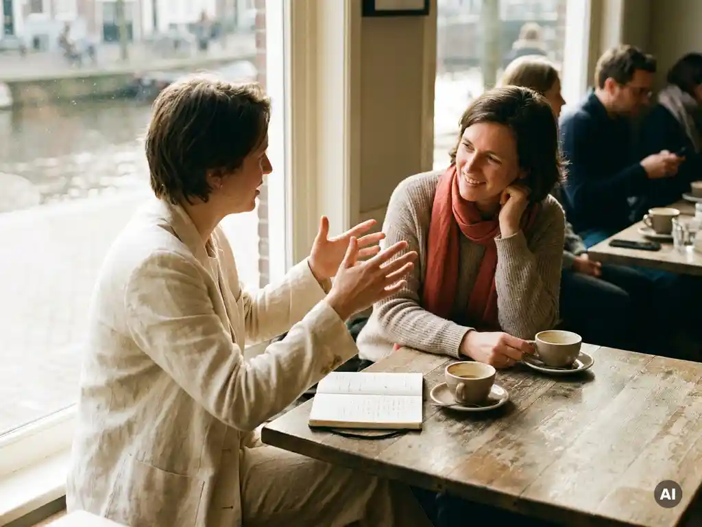 Twee mensen in gesprek aan een houten cafétafel in Amsterdam, met koffie en een open notitieboek.