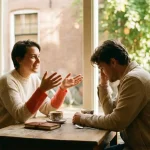 Twee mensen in gesprek aan een houten cafétafel in Amsterdam, met koffiekopjes en notitieboekje, warm natuurlijk daglicht.