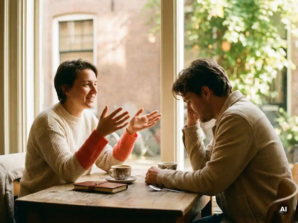 Twee mensen in gesprek aan een houten cafétafel in Amsterdam, met koffiekopjes en notitieboekje, warm natuurlijk daglicht.