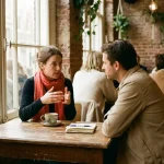 Twee mensen in gesprek aan een houten cafétafel in Amsterdam, met koffie en notitieboekje, warm natuurlijk licht door grote ramen.