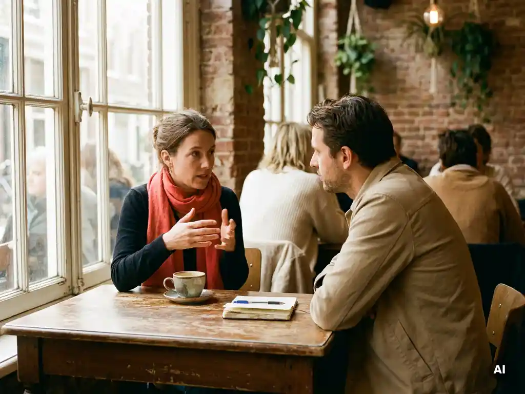 Twee mensen in gesprek aan een houten cafétafel in Amsterdam, met koffie en notitieboekje, warm natuurlijk licht door grote ramen.