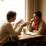 Twee mensen in gesprek aan een houten cafétafel in Amsterdam, met koffie en notitieboek, warm natuurlijk daglicht.