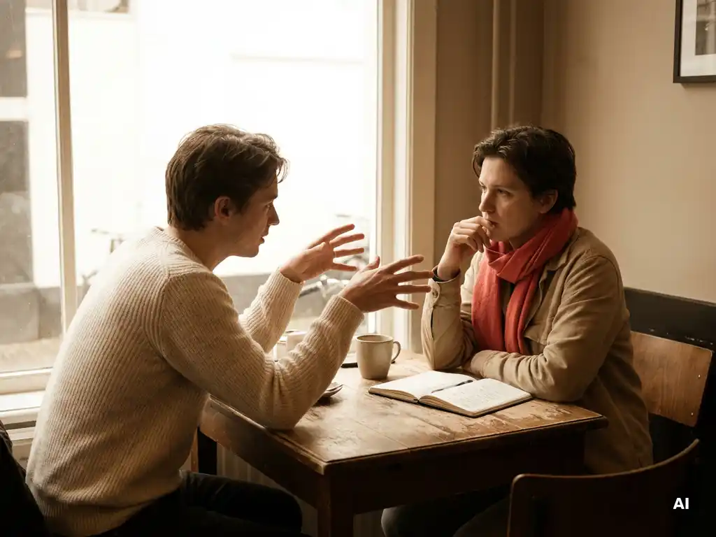 Twee mensen in gesprek aan een houten cafétafel in Amsterdam, met koffie en notitieboek, warm natuurlijk daglicht.