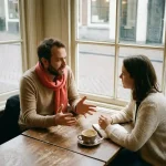 Twee mensen in gesprek aan een houten cafétafel in Amsterdam, één leunt voorover met open handen, ander luistert aandachtig, koffiekopje en notitieboekje erbij.