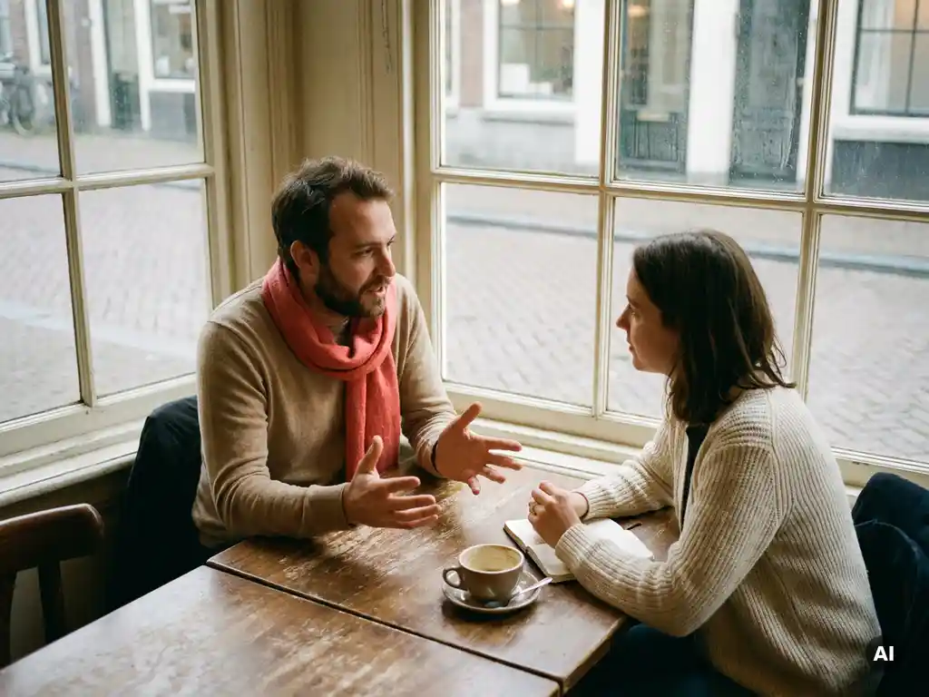 Twee mensen in gesprek aan een houten cafétafel in Amsterdam, één leunt voorover met open handen, ander luistert aandachtig, koffiekopje en notitieboekje erbij.