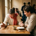 Twee mensen in gesprek aan een houten cafétafel in Amsterdam, één gebarend met open handen, ander leunend luisterend, koffiekopje en notitieboekje erbij.