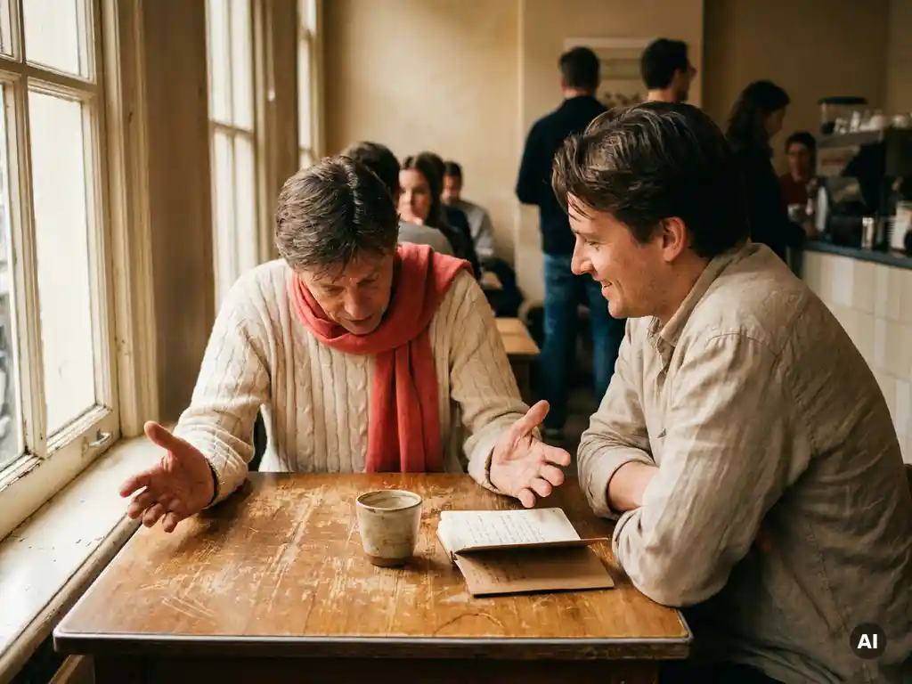 Twee mensen in gesprek aan een houten cafétafel in Amsterdam, één gebarend met open handen, ander leunend luisterend, koffiekopje en notitieboekje erbij.