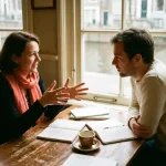 Twee mensen in gesprek aan een versleten houten cafétafel in Amsterdam, met handgeschreven notities en een koffiekopje erbij.