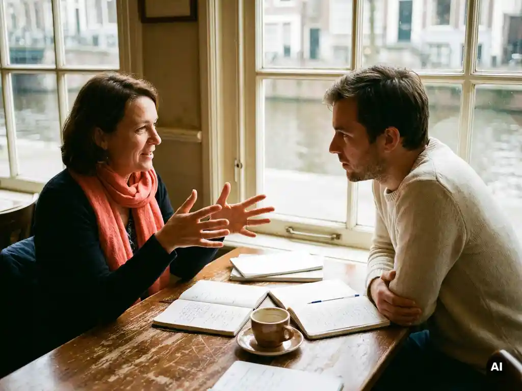 Twee mensen in gesprek aan een versleten houten cafétafel in Amsterdam, met handgeschreven notities en een koffiekopje erbij.