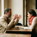 Twee mensen in gesprek aan een houten cafétafel in Amsterdam, met koffie en een notitieboek, zachte zijdelingse raamverlichting.
