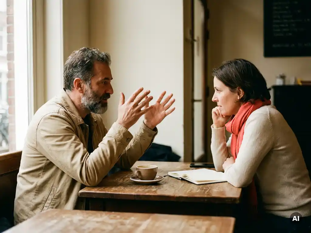 Twee mensen in gesprek aan een houten cafétafel in Amsterdam, met koffie en een notitieboek, zachte zijdelingse raamverlichting.