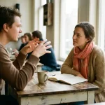 Twee mensen in levendig gesprek aan een versleten houten cafétafel in Amsterdam, met koffie en een open notitieboek.