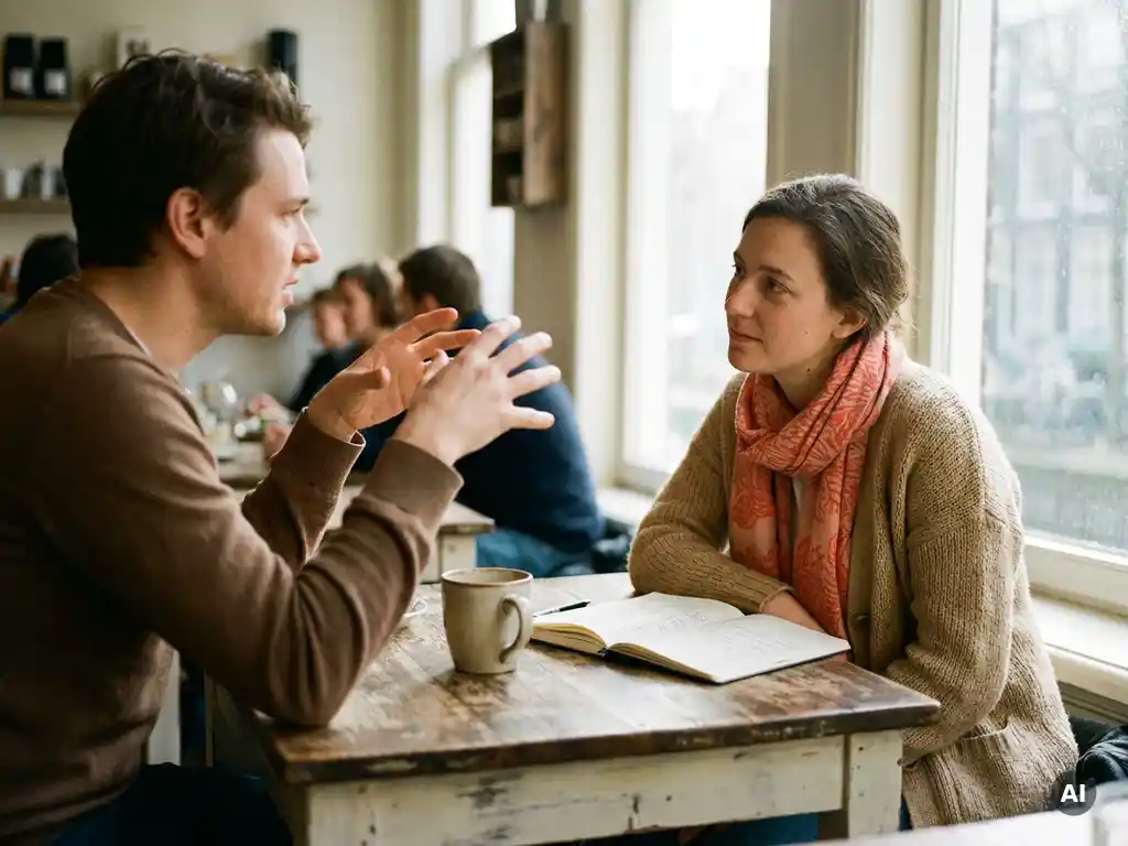 Twee mensen in levendig gesprek aan een versleten houten cafétafel in Amsterdam, met koffie en een open notitieboek.