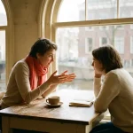 Twee mensen in gesprek aan een houten cafétafel in Amsterdam, één leunt voorover met open handen, ander luistert aandachtig.