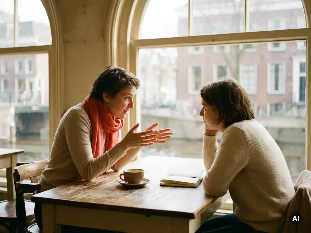 Twee mensen in gesprek aan een houten cafétafel in Amsterdam, één leunt voorover met open handen, ander luistert aandachtig.