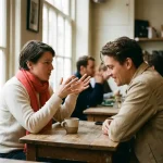 Twee mensen in levendig gesprek aan een versleten houten cafétafel in Amsterdam, met een keramische koffiekop en zacht natuurlijk licht.