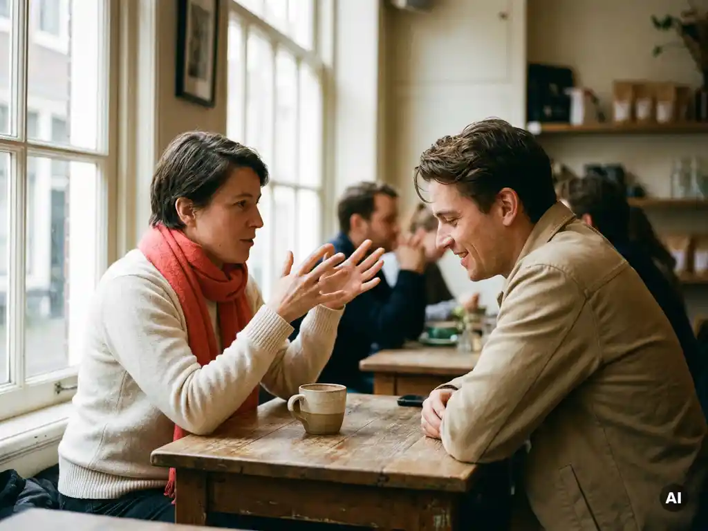 Twee mensen in levendig gesprek aan een versleten houten cafétafel in Amsterdam, met een keramische koffiekop en zacht natuurlijk licht.