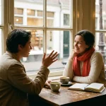 Twee collega's in gesprek aan een houten cafétafel in Amsterdam, met koffiekopjes en een opengeslagen notitieboek.